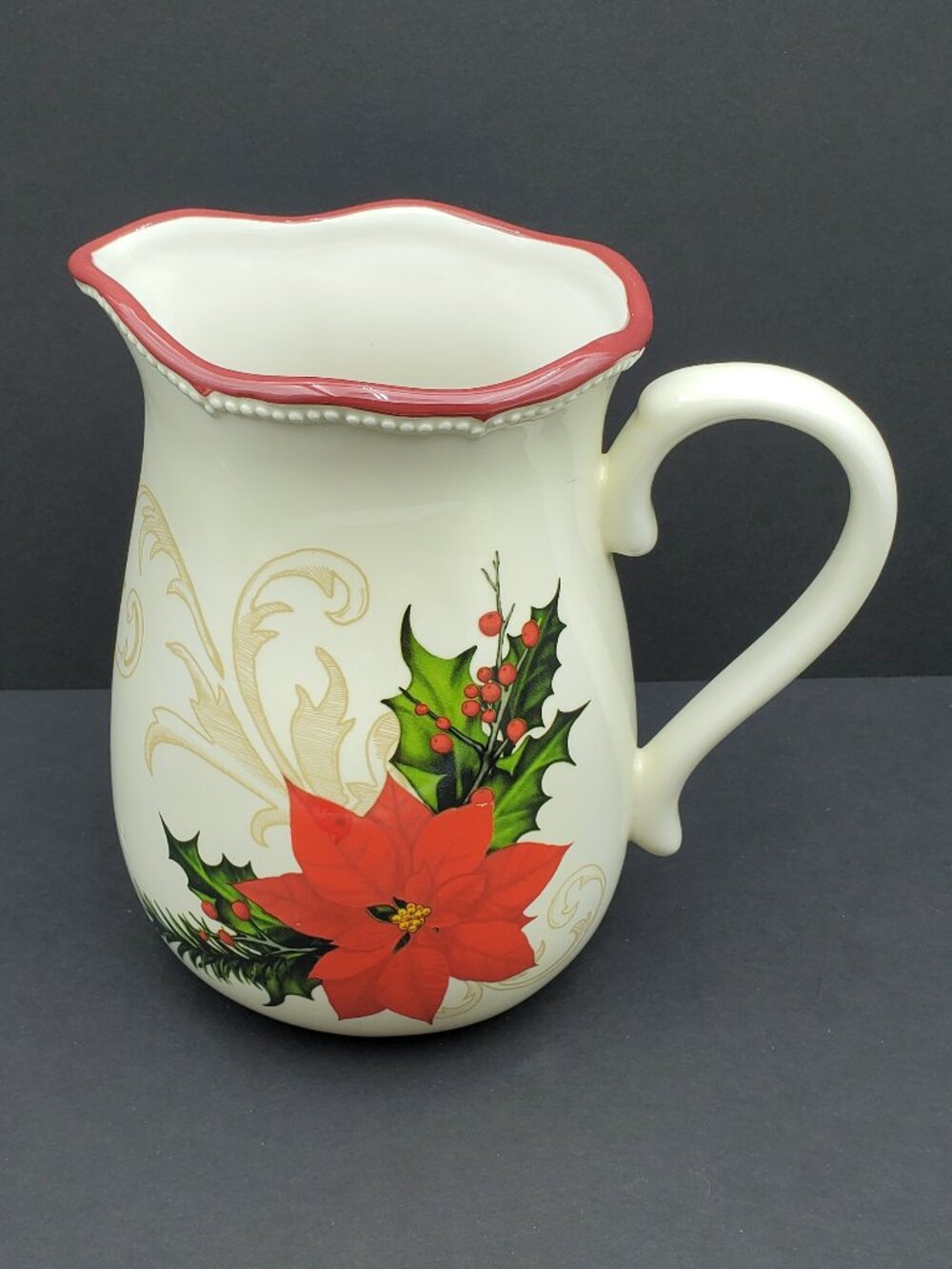 Ganz Holiday Poinsettia Pitcher Holly Berries Christmas Vase